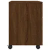 A side view of a brown, wood-grain mobile filing cabinet with black wheels. Podgląd zdjęcia produktu