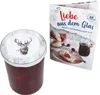 A jar of jam and a recipe booklet are displayed side-by-side against a white background. Podgląd zdjęcia produktu