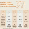 A size chart for dog transport boxes, showing different dog breeds and corresponding box dimensions. Produktbild-Vorschau