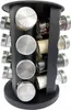 A black rotating spice rack with 16 glass jars filled with spices. Náhled obrázku produktu