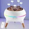 A white humidifier with a volcano-like top and wooden legs, emitting mist, with a remote control next to it. Produktbild-Vorschau
