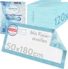 A product shot of incontinence pads and their packaging, with a stack of pads in the background and a close-up of one pad in the foreground. Produktbild-Vorschau