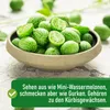 A bowl of small, green, striped fruits resembling mini watermelons, with text overlay. Produktbild-Vorschau