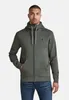 A man wearing a green hooded zip-up jacket and blue jeans. Produktbild-Vorschau