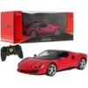 A red remote-controlled Ferrari car and its remote control are displayed on a white background. The car is also shown in its packaging in the upper part of the image. Produktbild-Vorschau