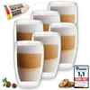 A collage of double-walled glass mugs filled with latte macchiato, coffee beans, and cookies. The image also includes promotional tags and a rating badge. Produktbild-Vorschau