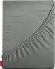 A close-up, top-down view of a gray fitted sheet, showing the elasticized edge. Produktbild-Vorschau