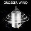 A silver DC motor is shown against a black background with light streaks and concentric circles radiating outwards, suggesting airflow or power. Produktbild-Vorschau