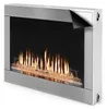 A modern fireplace with a silver frame and glass front, showing flames and decorative glass beads. Náhľad obrázku produktu