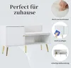 A white shoe cabinet with a cushioned top and gold legs, shown with inset images highlighting its features. Produktbild-Vorschau
