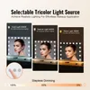 Three makeup mirrors with different lighting settings and a close-up of a finger interacting with a control panel. Podgląd zdjęcia produktu