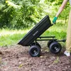 A person is pushing a black garden cart through a grassy and dirt area. Náhled obrázku produktu