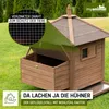 A wooden chicken coop is shown in a grassy outdoor setting with trees in the background. Overlay text and graphics highlight product features. Produktbild-Vorschau