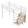 A white metal loft bed with wooden steps and a white railing, shown from a diagonal angle against a white background. Podgląd zdjęcia produktu