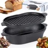A collage of a cast iron roasting tin, bread, grilled meat, and roasted potatoes, with packaging in the background. Produktbild-Vorschau