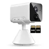 A white security camera on a white stand, with two SD cards in front of it. Produktbild-Vorschau