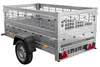 A silver utility trailer with a cage-like structure on top, shown from a three-quarter rear view against a white background. Produktbild-Vorschau