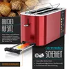 A red toaster with various features highlighted with text overlays, along with a background of bread rolls. Náhled obrázku produktu