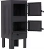 A black metal wood-burning stove with two glass-fronted compartments and two open doors, standing on four legs. Náhled obrázku produktu