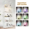 A glass display cabinet with various items on its shelves, next to a collage of smaller images showing the cabinet with different colored LED lighting. Náhled obrázku produktu