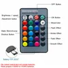 A remote control for colorful lighting with labels indicating button functions. Produktbild-Vorschau
