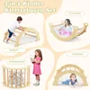 A collage of four images showing a children's wooden climbing set in different configurations and uses. Podgląd zdjęcia produktu