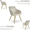 A collage of a cream-colored velvet armchair with gold legs. Text describes its comfort and elegant design. Náhled obrázku produktu