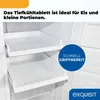Inside view of a refrigerator or freezer compartment with two white shelves, and a blue circle overlay with text. Produktbild-Vorschau