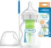 A Dr. Brown's anti-colic baby bottle with accessories and packaging. Produktbild-Vorschau