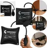 A collage of images showing a black pneumatic air wedge, its packaging, and examples of its use. Produktbild-Vorschau