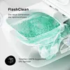 A close-up, stylized view of a toilet bowl with water flowing, highlighting its rimless design and hygienic features. Produktbild-Vorschau