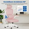 A pink office chair is shown in a bright room with a desk and a plant. Voir les images du produit