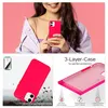 A collage of images showing a person holding a pink phone case, a pink phone case on a white background with debris, and a cross-section of a pink phone case. Produktbild-Vorschau