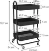 A diagram showing the dimensions of a black three-tier rolling cart. Produktbild-Vorschau