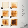 Six slices of toast, numbered 1 through 6, are arranged in a grid next to a white toaster. The toast slices show varying degrees of browning, from lightly toasted to nearly burnt. The toaster has control dials and buttons. Anteprima dell’immagine prodotto