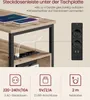 A close-up view of a wooden side table with a built-in power strip and USB ports, showing devices charging. Produktbild-Vorschau