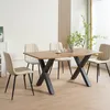 A dining room set with a wooden table and beige chairs. Produktbild-Vorschau