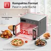 A digital air fryer oven is shown with its door open, displaying its interior and capacity. Food items like a roasted chicken, pizza, lamb chops, and croissants are arranged around it, suggesting its cooking capabilities. Dimensions and capacity are also i Produktbild-Vorschau