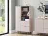 A modern living room with a light pink cabinet and a window with greenery outside. Produktbild-Vorschau