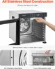 A stainless steel food dehydrator with its door open, showing the interior and a hand placing a bottle inside. Smaller inset images show a close-up of the stainless steel body and trays in a dishwasher. Podgląd zdjęcia produktu