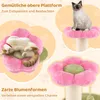 A collage of images showing a cat tree with flower-shaped platforms and cats interacting with it. Produktbild-Vorschau