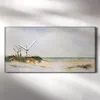 A rectangular canvas clock with a watercolor painting of a beach landscape, hanging on a white wall with shadows cast on it. Produktbild-Vorschau