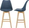 Two blue bar stools with wooden legs are shown from different angles against a white background.