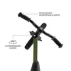 Close-up view of a green balance bike's handlebars and steering column, with text annotations highlighting features. Produktbild-Vorschau