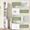 Collage showing details of a tall, narrow white cabinet with text callouts for features. Produktbild-Vorschau