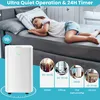 A child sleeping on a couch next to a dehumidifier, with comparison images of noise levels. Produktbild-Vorschau
