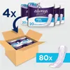 A cardboard box filled with Always Discreet Long pads, with a graphic showing 4 packs of pads being added to the box, and a single pad shown separately. Produktbild-Vorschau