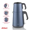 A promotional collage of a blue electric Turkish tea maker. Produktbild-Vorschau