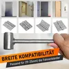 A collage of images showing different types of doors and door hinges, with a tool being held by a hand in the foreground. Produktbild-Vorschau