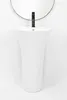 A white pedestal sink with a black faucet is shown against a white wall, with a circular mirror above it. Náhled obrázku produktu
